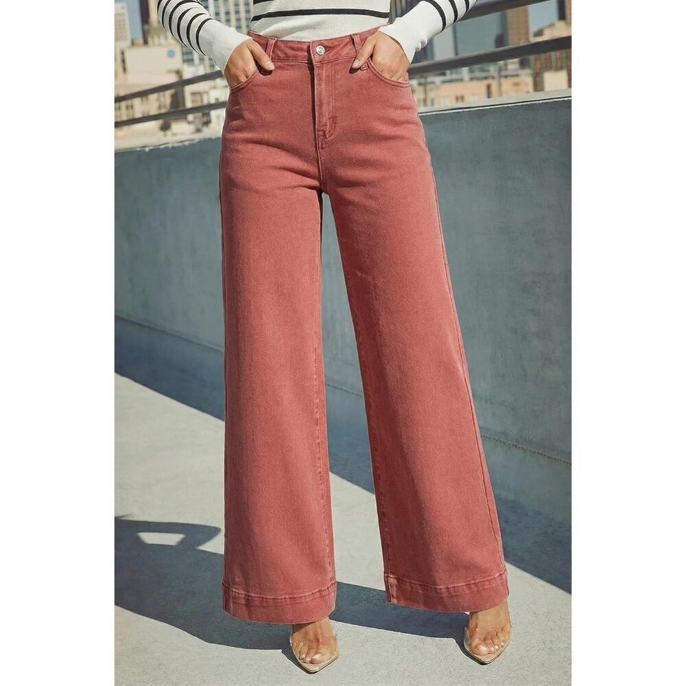 Women Redwood Burl Casual High Waisted Stretch Button Wide Leg Loose Denim Jeans - Picture 3 of 6
